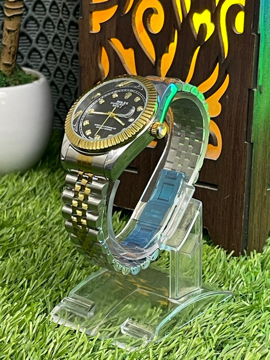 Jubilee Date Just Silver Rose Fluted Bezel Black Dial Automatic Watch
