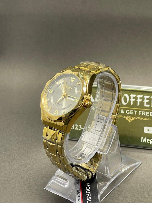 HOURSLY Gold Luxury Quartz Watch with Day & Date Display