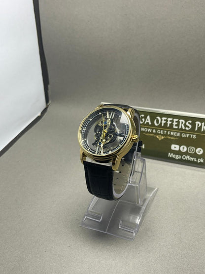 Luxury Skeleton Mechanical Watch – Gold Case with Black Leather Strap