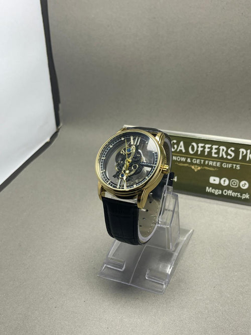Luxury Skeleton Mechanical Watch – Gold Case with Black Leather Strap