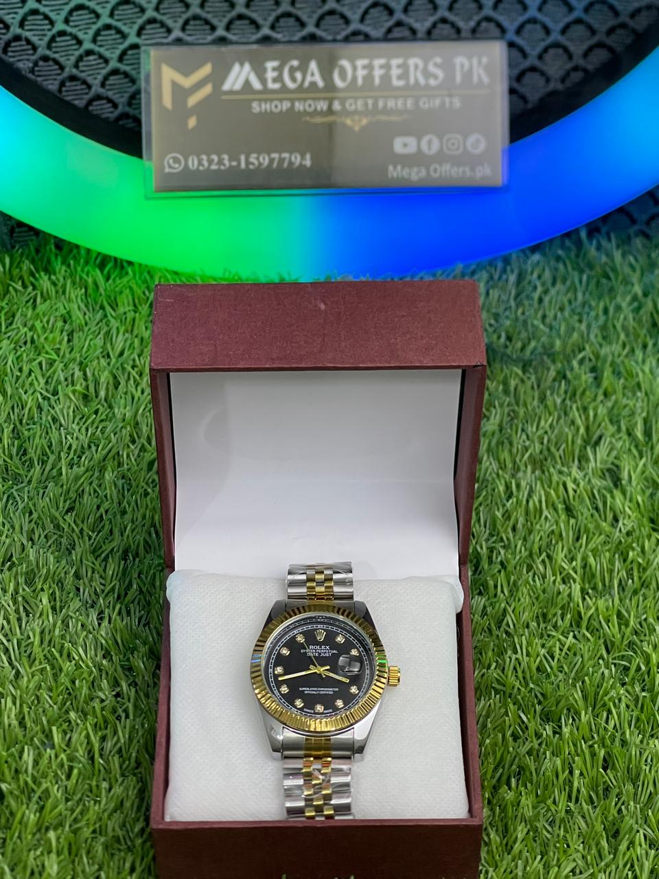 Jubilee Date Just Silver Rose Fluted Bezel Black Dial Automatic Watch
