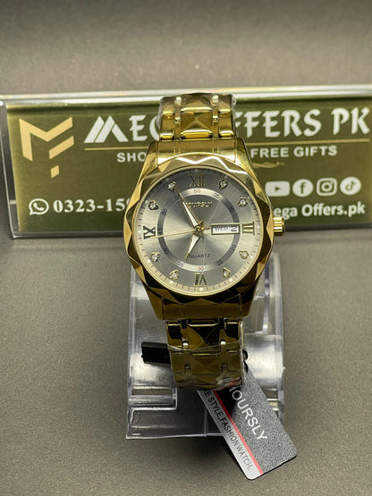 HOURSLY Gold Luxury Quartz Watch with Day & Date Display