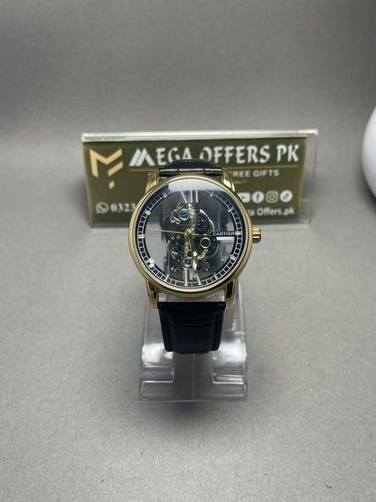 Luxury Skeleton Mechanical Watch – Gold Case with Black Leather Strap