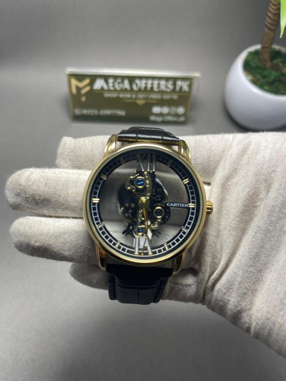 Luxury Skeleton Mechanical Watch – Gold Case with Black Leather Strap