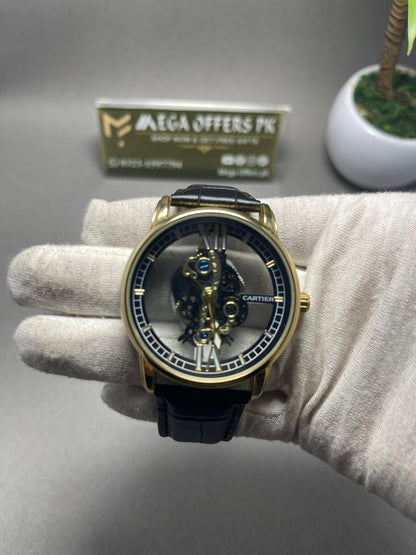 Luxury Skeleton Mechanical Watch – Gold Case with Black Leather Strap