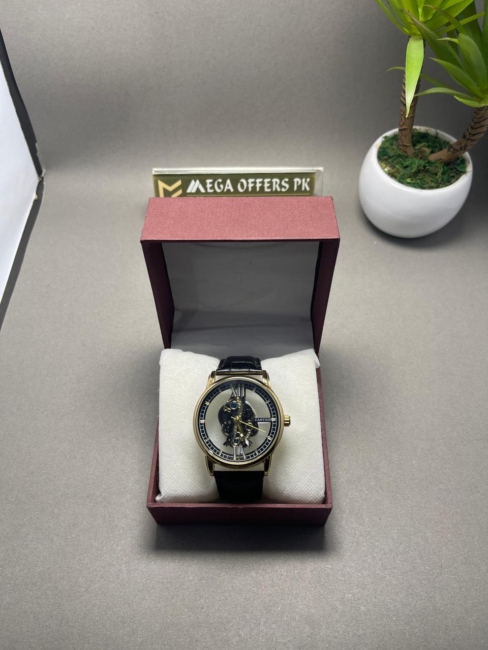 Luxury Skeleton Mechanical Watch – Gold Case with Black Leather Strap