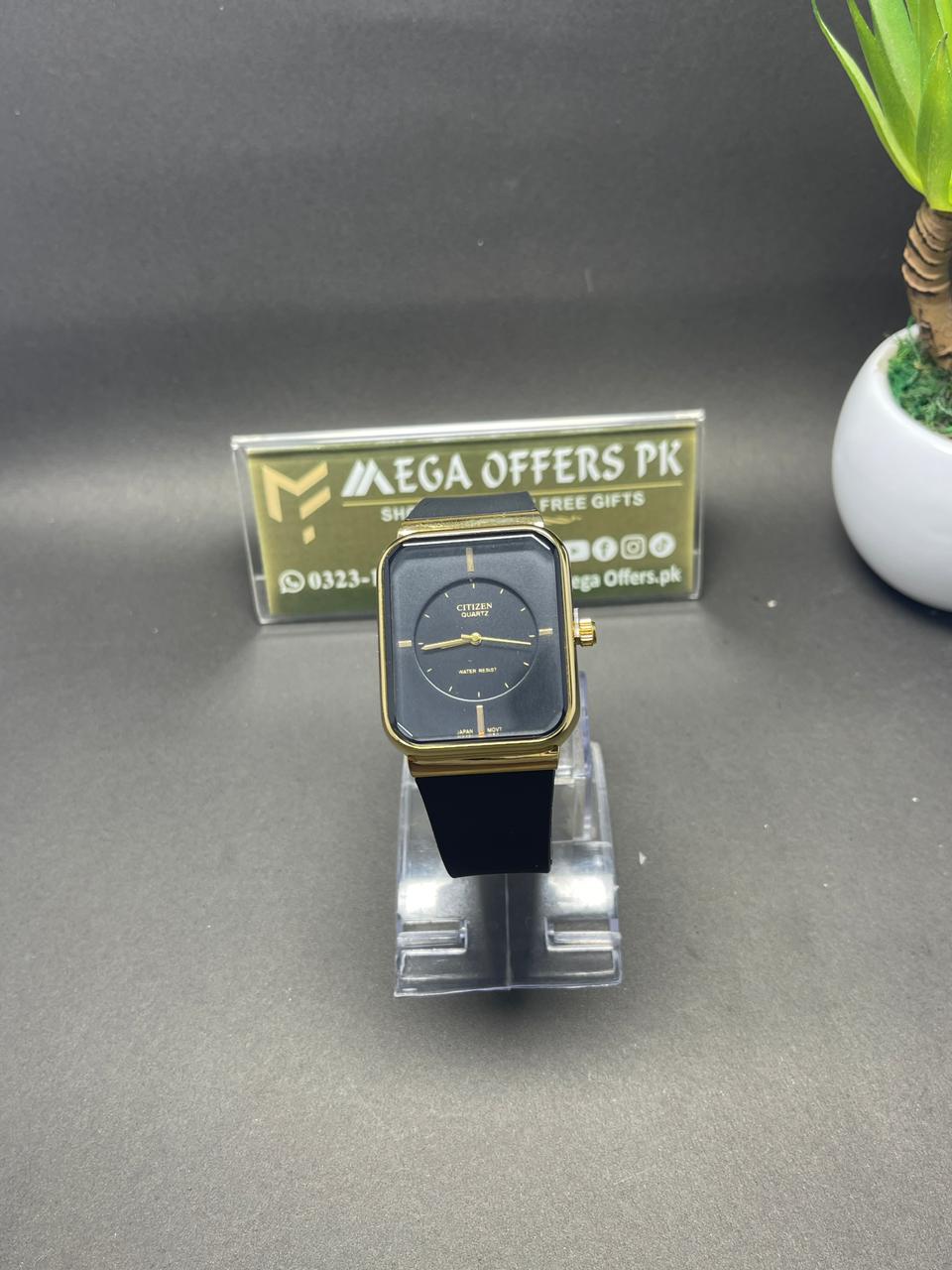 Citizen Quartz Premium Square Watch – Black &amp; Gold