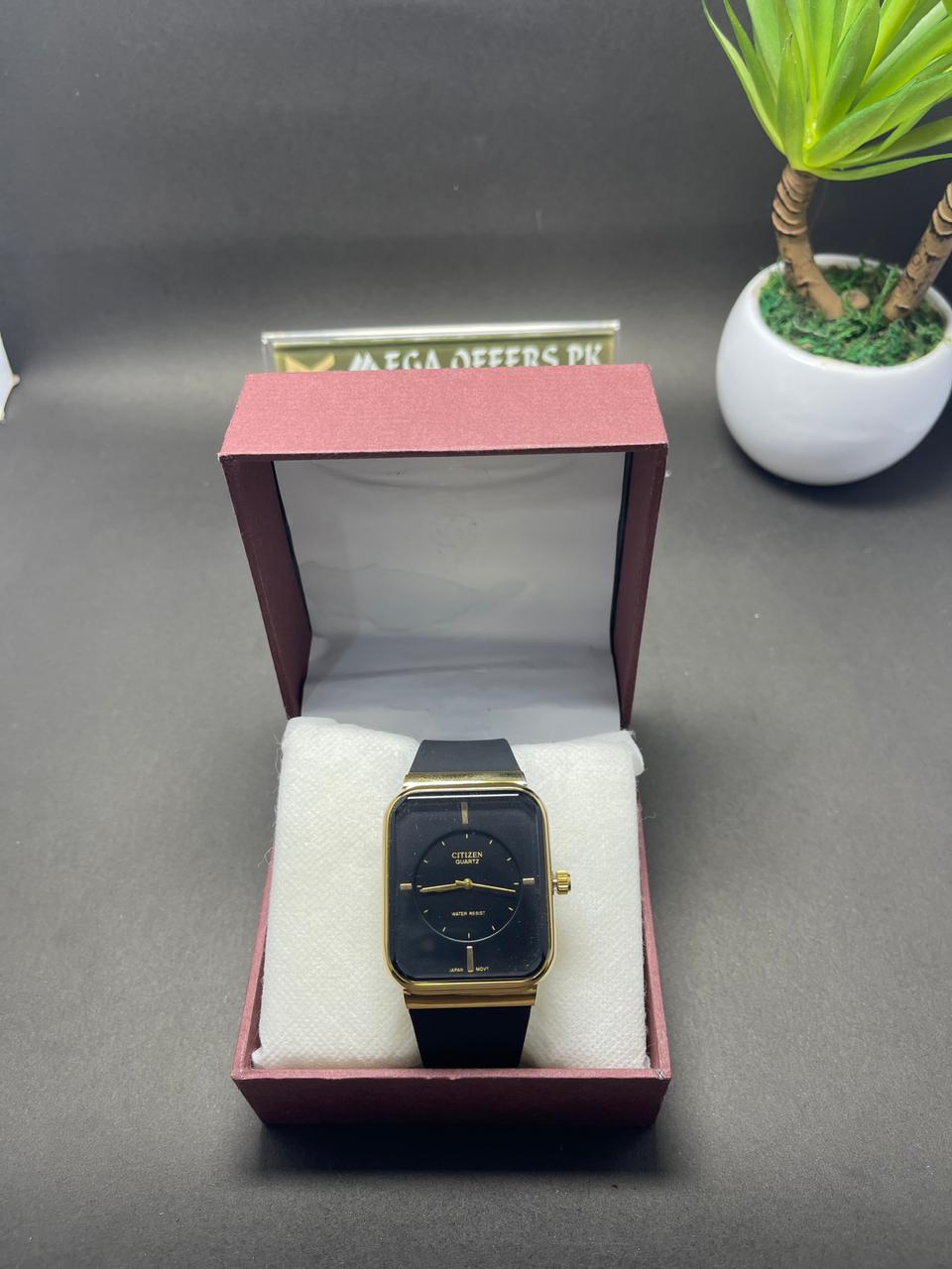 Citizen Quartz Premium Square Watch – Black &amp; Gold