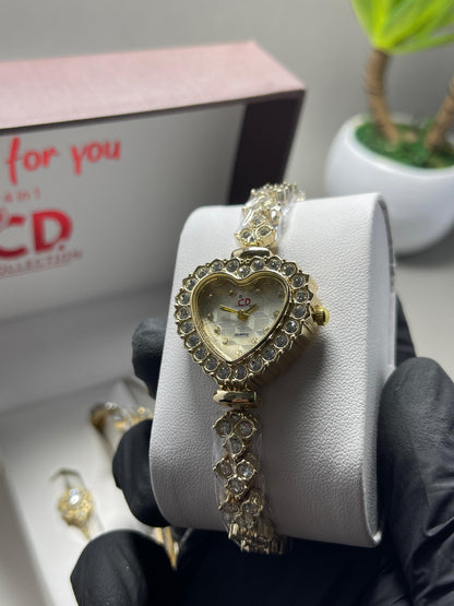 6PCS Set Luxury Watch Ring Necklace Earring Rhinestone Fashion Wristwatch Casual Ladies Watches Bracelet Set Close Unknown